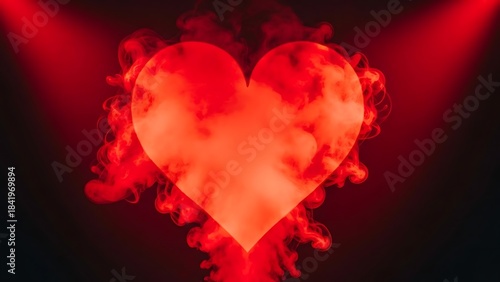 A heart made of red smoke or flames on a dark background with spotlights