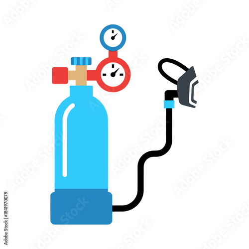 Simplified Illustration of a Blue Oxygen Tank with Red Gauges and Mask.