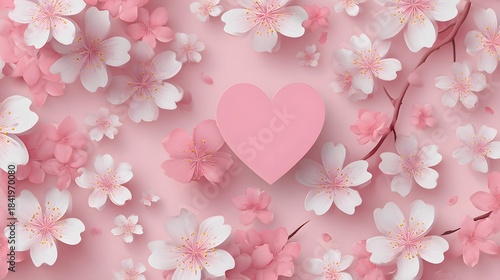 Soft pink floral background features many blossoms surrounding a central heart shape