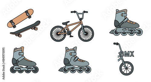 Skateboard, BMX bike, and roller skates vector illustration.