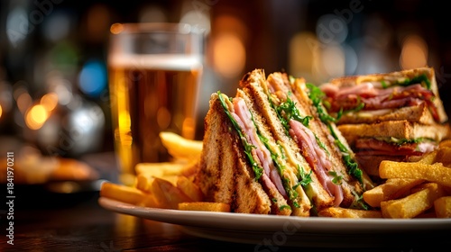 Stacked, multi-layered toasted sandwiches served with golden french fries and a tall glass of amber beverage