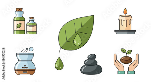 Spa and Wellness Icons - Essential Oils, Leaf, Candle, Diffuser, Stones, Plant.