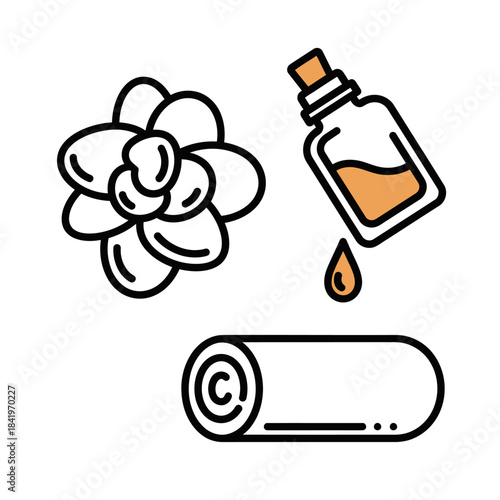 Spa and wellness line art icons featuring a flower, essential oil bottle, and rolled towel.