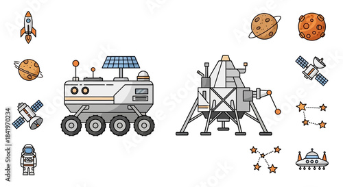 Space Exploration Icons - Lunar Lander, Rover, and Celestial Objects.