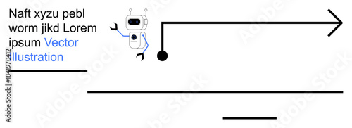 Robotics, AI, technology, automation, progress, future innovation. A robot with a mechanical arm, an arrow and abstract elements. Robotics and AI visual with futuristic and progress