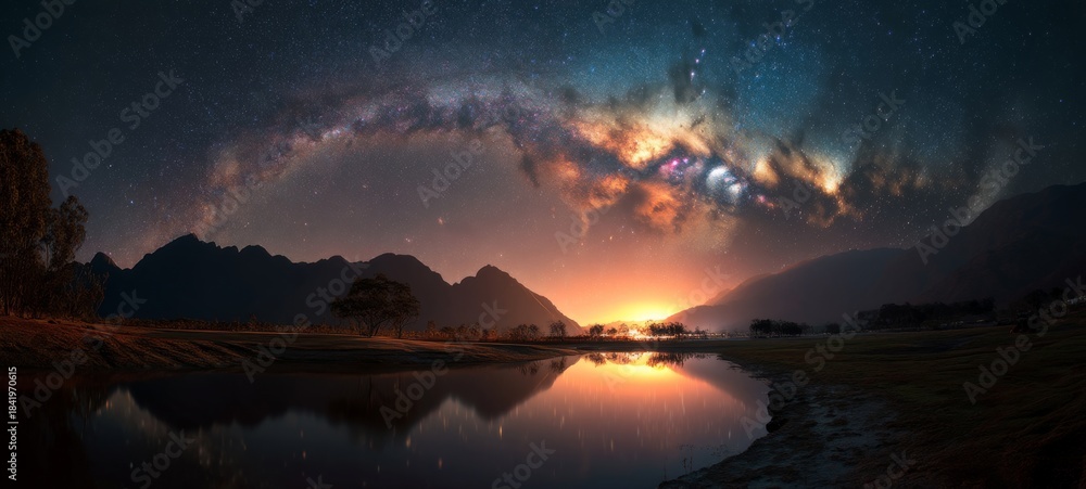 Obraz premium Breathtaking panoramic landscape of a serene lake reflecting a star-filled night sky, Milky Way arching above silhouetted mountains at sunset, dreamy and ethereal scenery