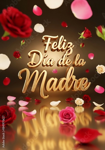 Portrait 3D Golden Script “Feliz Día de la Madre” with Floating Roses — Elegant Card Mockup