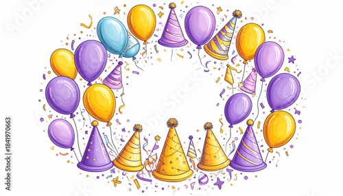 Playful Colored Pencil Balloon & Party Hat Doodles for Party Flyer
