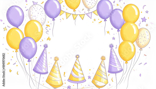 Playful Colored Pencil Balloon & Party Hat Doodles for Party Flyer