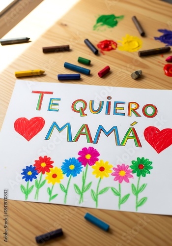 Portrait Child’s Crayon Drawing “Te quiero mamá” — Mother’s Day Craft — Printable Card Composition