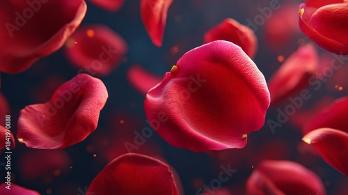 Floating red rose petals on a dark background. The image evokes feelings of romance and passion, perfect for conveying themes of love and beauty. 