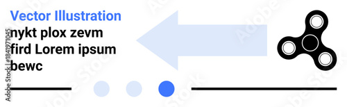 Arrow pointing left with light blue color, black fidget spinner, abstract dots, and placeholder text. Ideal for concepts thumbs up navigation, progress, focus, direction, play modern design