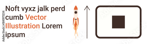 Space exploration, innovation, progress, technology development, futuristic concepts, startup ideas. A rocket paired with an upward arrow next to a square. Space exploration and innovation