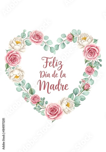 Portrait Watercolor Floral Heart Wreath — Feliz Día de la Madre — Poster-Style Illustration