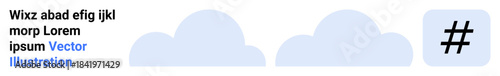 Three simple blue cloud elements arranged horizontally next to a bold metadata tag icon. Ideal for technology, social media, minimalism, digital branding, communication, networking, simple landing
