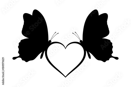 Black silhouette of two butterflies forming a heart shape for love design