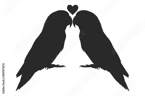 Silhouette of two lovebirds facing each other with a small heart above them