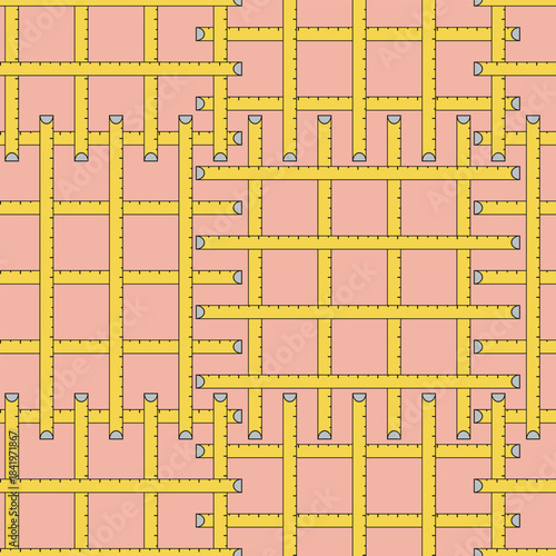 A Plaid Type Grid of Hand Drawn Yellow Tape Measures on Muted Orange Creating a Seamless Pattern Print