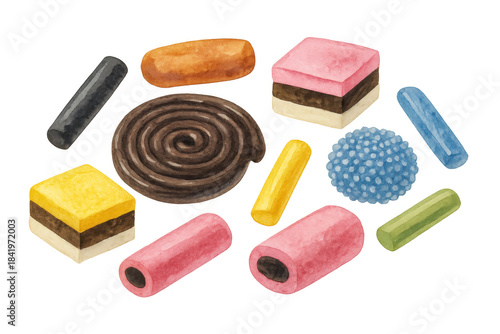 Liquorice allsorts candy collection with colorful sweets watercolor drawing on transparent background