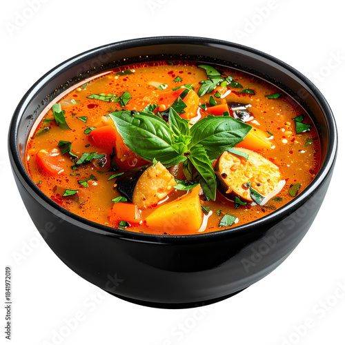A traditional pot of haitian joumou soup, a symbol of freedom and celebration, presented as a centerpiece isolated on a clean white background