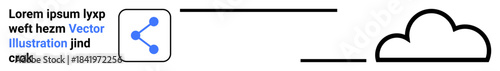 Cloud computing, data storage, network distribution, communication, online services, digital tools. Minimalistic interface displays a share icon connected to a cloud outline. Cloud computing and data