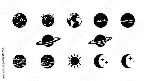 Black and white celestial bodies vector illustration set isolated on white
