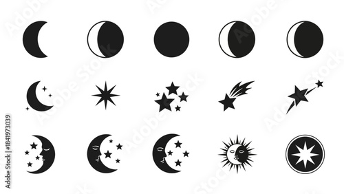 Black and white celestial collection moon phases stars and sun icon set