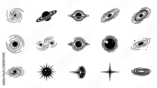 Black and white cosmic illustrations planets galaxies and celestial bodies