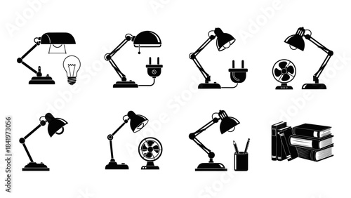Black and white desk lamps and accessories vector illustration set