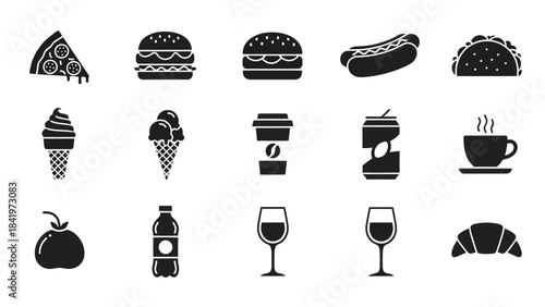 Black and white food icons representing pizza burgers hotdogs desserts and drinks