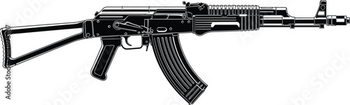 Black and white AK-74 assault rifle illustration, military weapon sketch, tactical firearm drawing, detailed gun design, combat equipment art