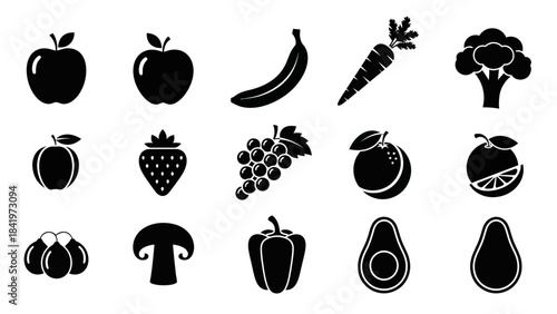 Black and white fruit and vegetables icons healthy eating concept