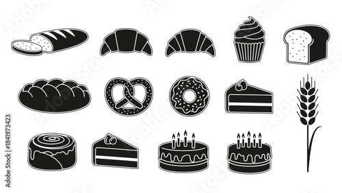 Bakery items illustration bread croissants cakes and various pastries