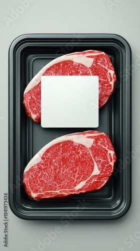 Vibrant photo of Two fresh raw ribeye beef steaks with marbling on a black plastic tray with a blank white label, viewed from top.