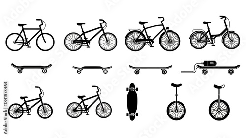 Bicycle and skateboard collection vector illustrations for design and media