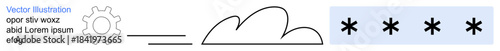Cloud security, data encryption, password protection, cybersecurity, secure cloud storage, online safety. Gear, cloud and encrypted password symbols. Cloud security and data encryption concept