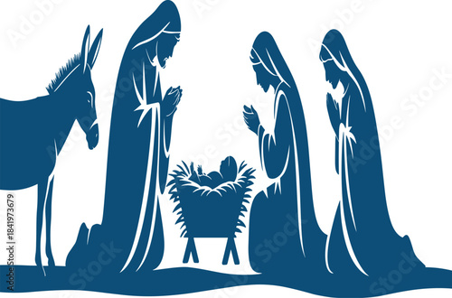 Nativity scene silhouette, Christmas manger illustration, holy family, religious artwork, baby Jesus birth, Christian tradition, donkey, prayer, blue background, robes