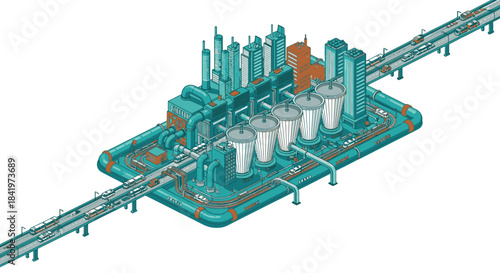 Isometric illustration of a large industrial complex with interconnected buildings, storage tanks, and infrastructure, symbolizing modern manufacturing and energy.
