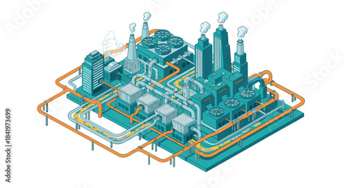 A detailed isometric vector illustration depicts a sprawling industrial factory complex with numerous buildings, interconnected pipes, and cooling towers, representing manufacturing and energy
