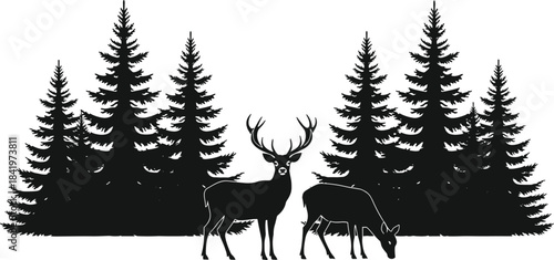 Silhouette forest wildlife scene, deer grazing, conifer trees, black and white nature illustration, peaceful woodland, animal art, tranquil outdoors, minimal