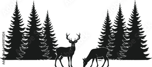 Silhouette forest wildlife scene with deer, pine trees, nature landscape, peaceful wilderness, tranquil outdoors, black and white illustration, animal art