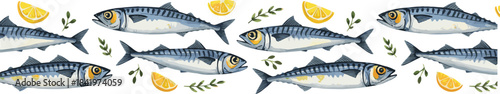Fresh mackerel fish, lemon wedges, herbs, seafood illustration, culinary design, kitchen decor, realistic style, symmetrical layout, gourmet concept, food art