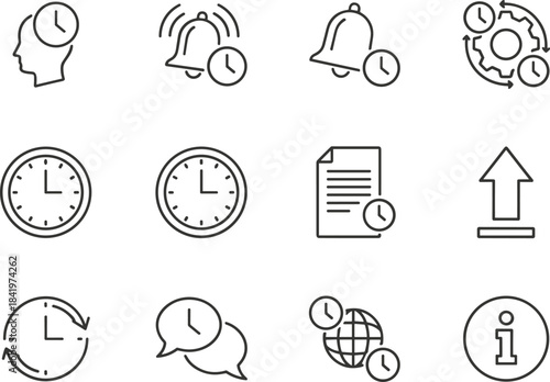 A focused set of outlined black-and-white icons for alerts, time management, and data synchronization, featuring alarm bells,