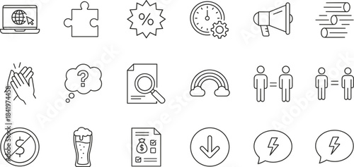 A diverse set of black-and-white line icons representing business strategies, problem-solving, marketing, financial deals,
