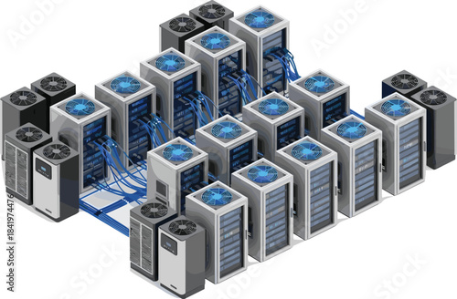 Isometric server room illustration, data center infrastructure, cloud computing, network cables, cooling system, digital display, IT hardware, technology, storage, equipment