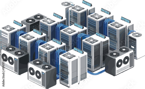 Isometric data center illustration, server room infrastructure, cloud computing, network cables, cooling system, digital display, technology, IT hardware, storage