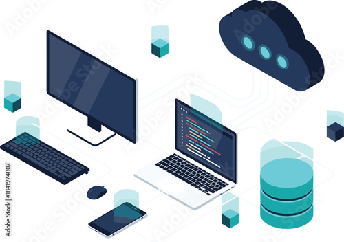Cloud Computing Isometric Vector Illustration, Networking, Server Database Storage, Programming, Web Development, Mobile Device Technology