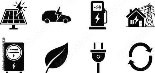 Collection of electrical utility pole silhouettes, featuring power lines, transformers, and wires for electricity transmission and urban infrastructure vector set