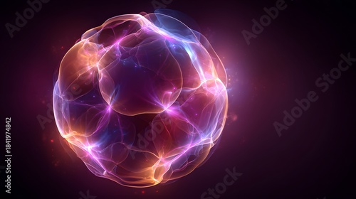 Glowing abstract energetic form radiates luminous colors against a dark background