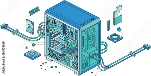 Computer Assembly Process, PC Building Components, CPU Case, Hardware Installation, Printed Circuit Boards, Motherboard, RAM, Hard Drive, Isometric Vector Illustration